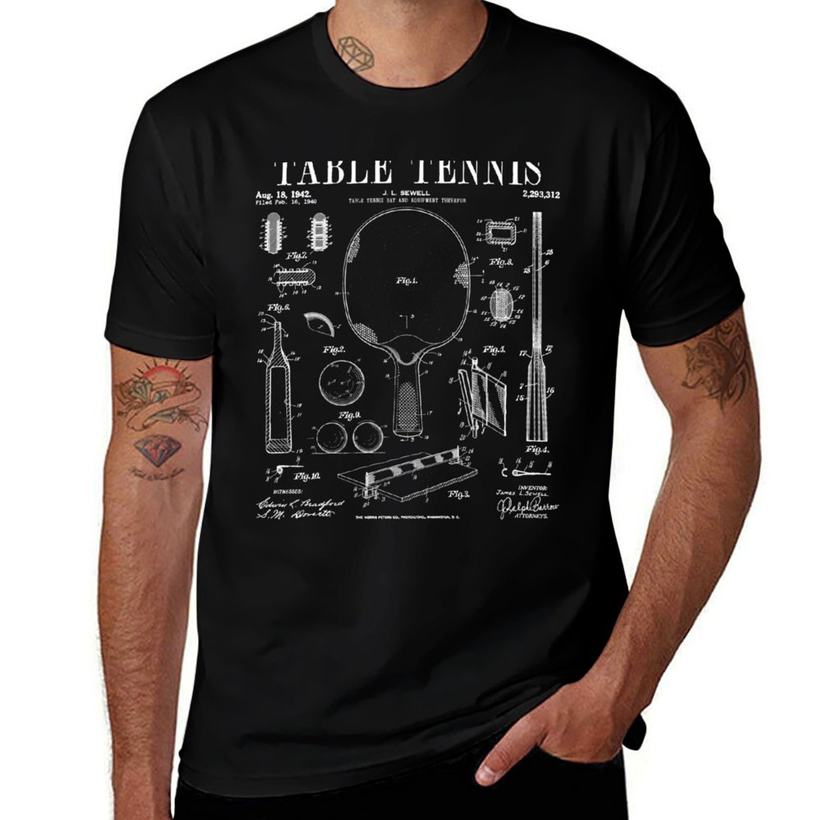 Table Tennis Drawing - T-shirt con stampa di disegni brevettati